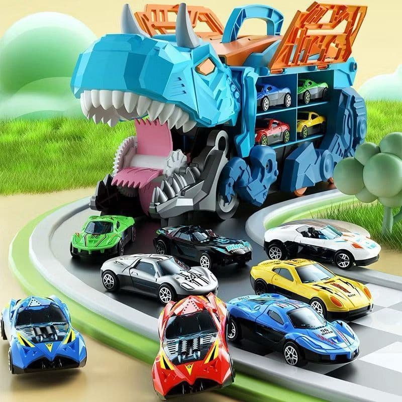 Caminhão Dinossauro engolidor e Porta-carrinhos com 6 Carrinhos
