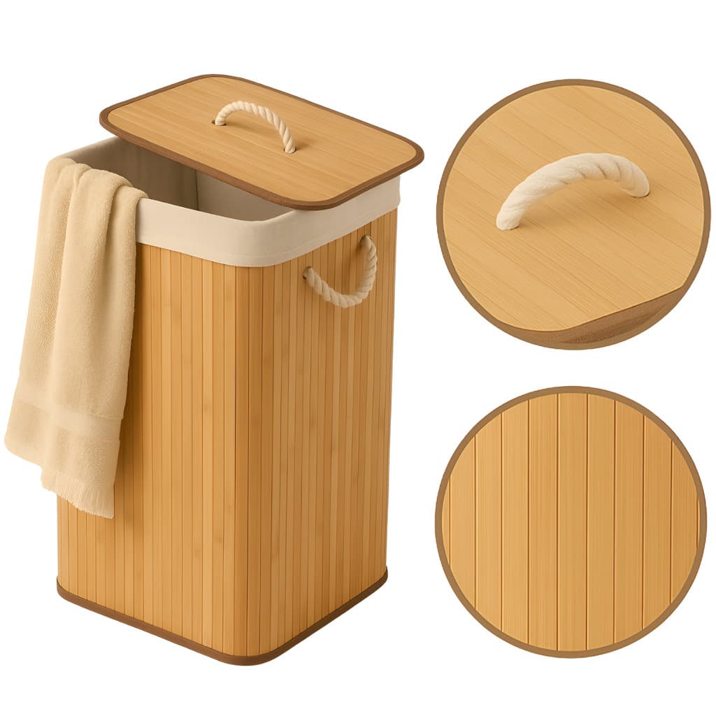 Cesto De Roupa Bambu Dobravel Organizador Forrado Banheiro Grande Cesto Roupa Suja Retangular Marrom-claro