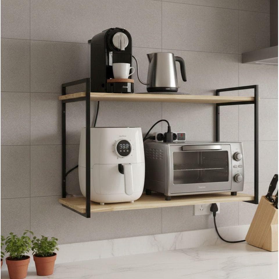 Suporte Prateleira Microondas Estilo Industrial Ferro E Madeira Reforçado De Parede Cozinha Organizador Suspenso Luxo