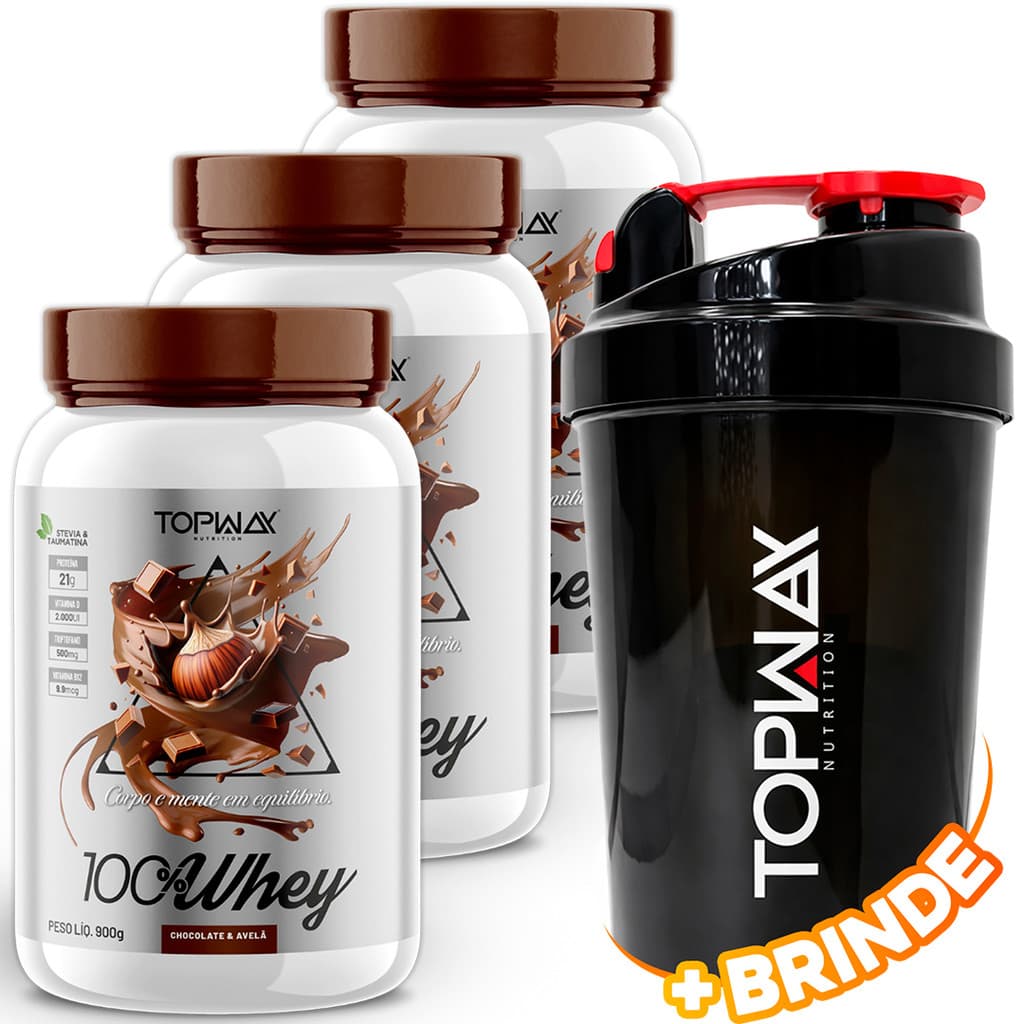 3x TopWay Suplemento Alimentar Whey Protein 900g Sabor Chocolate Com Avela Concentrado
