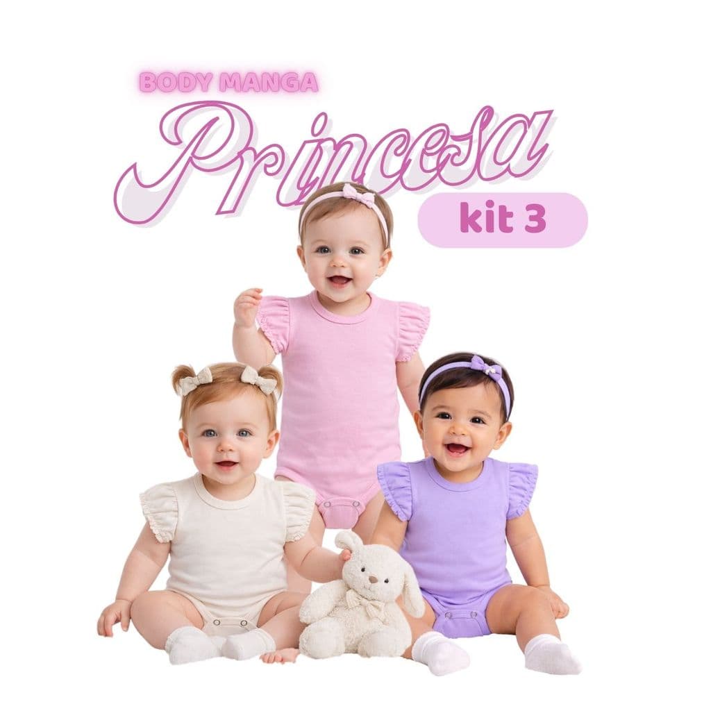 Kit Body Bebê 3pçs Roupa Menina Manga Princesa  Algodão P-GG Roupa bebê algodão Elastano botão