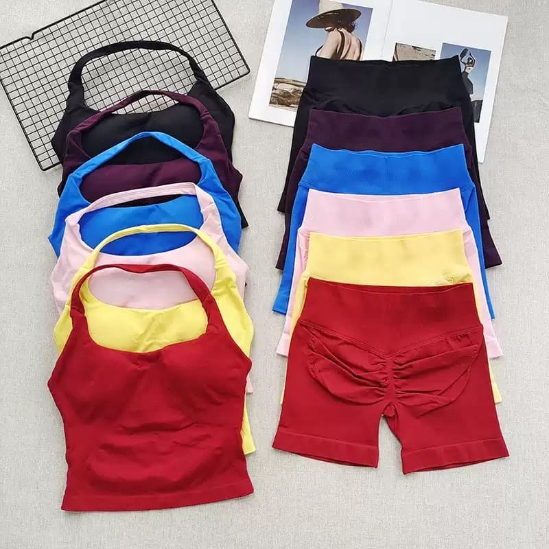 Shorts de 2 peças para ioga/Top feminino com gola Halter/shorts sem costura de cintura alta/roupa de Fitness/roupas espo