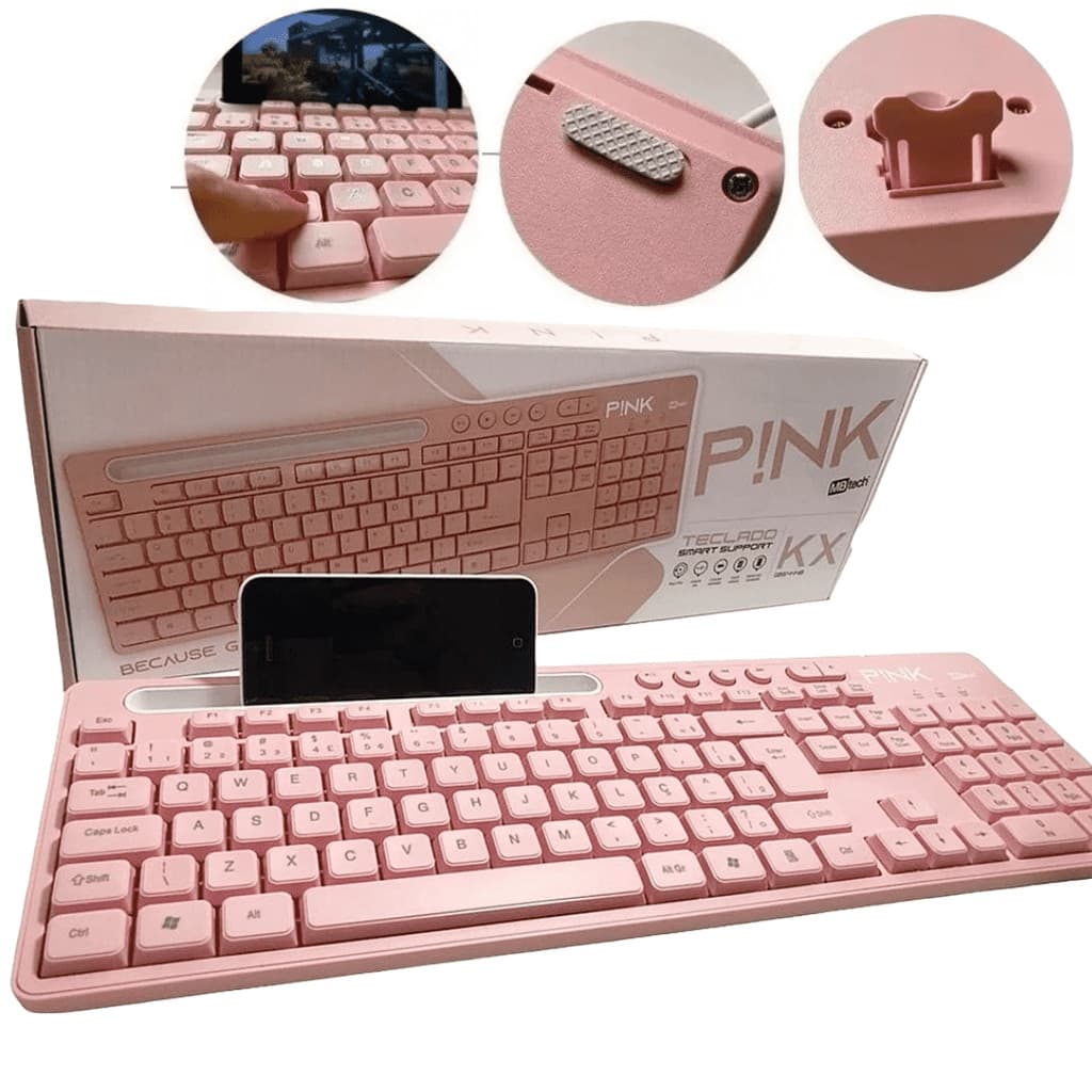 Teclado usb cor rosa para computador com suporte de celular - com ç plug and play para desktop pc