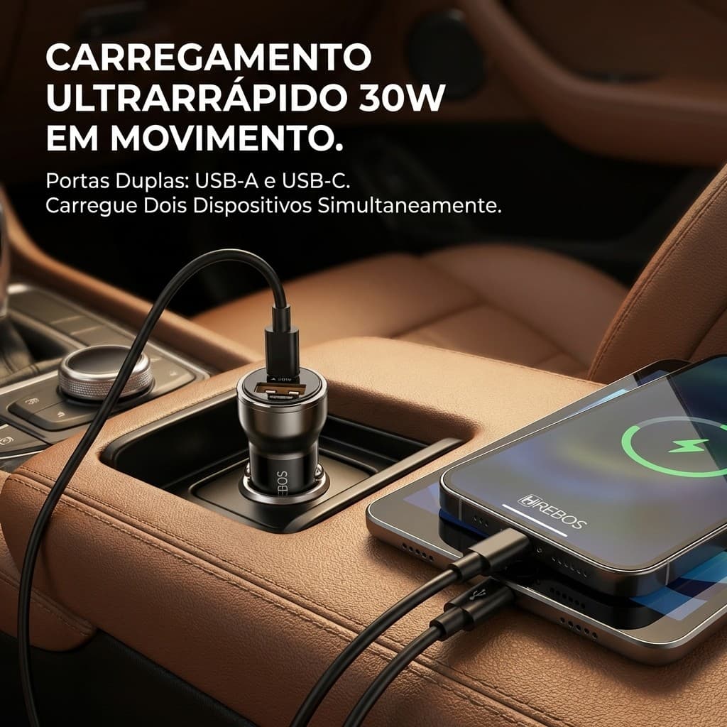 HREBOS Carregador Veicular 30W Turbo USB‑C + USB‑A Carregamento Rápido para Carro