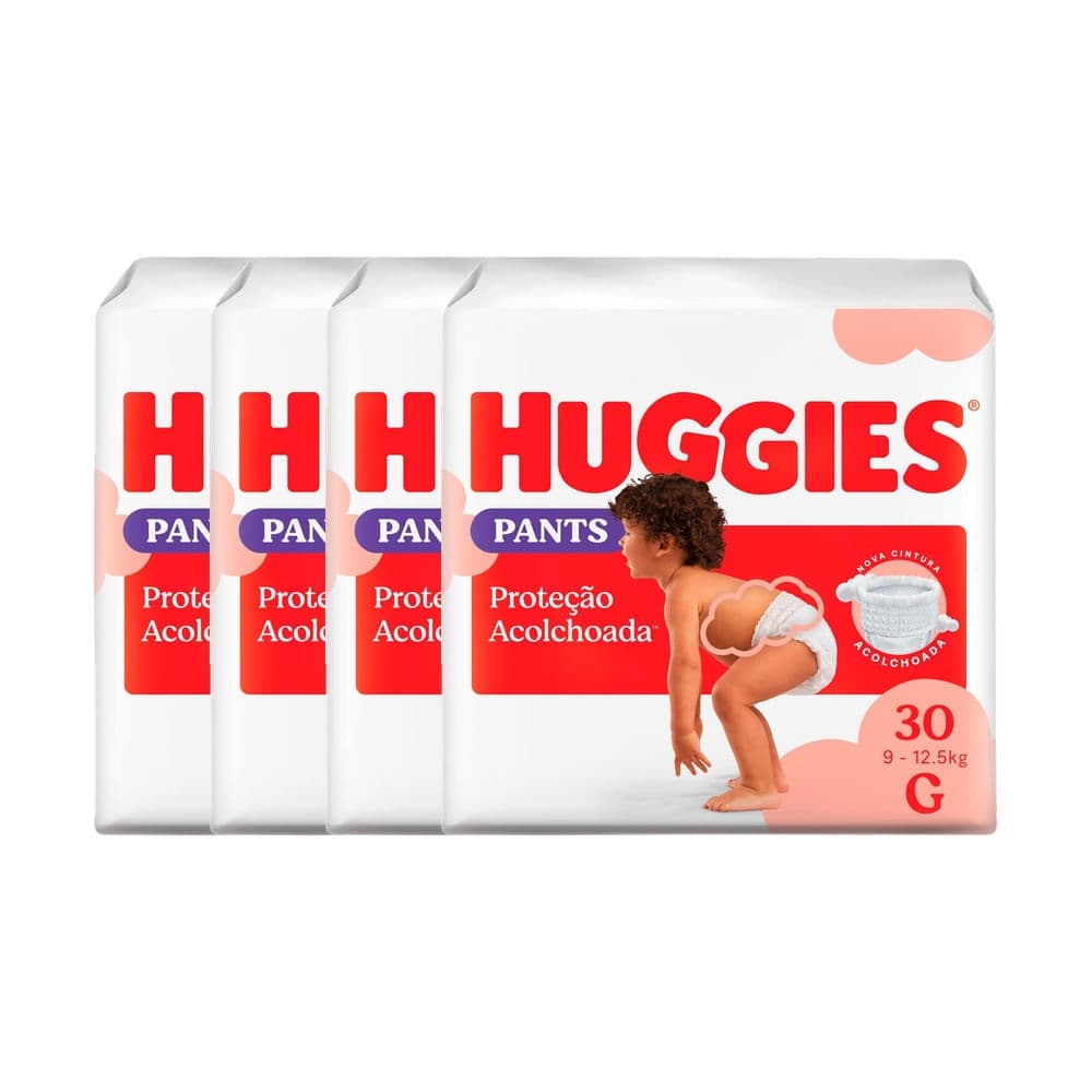 Kit 4 Fralda Huggies Pants Roupinha Proteção Acolchoada Tamanho G Pacote Mega 30 Unidades Descartáveis