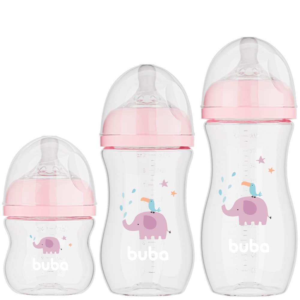 Kit 3 Mamadeiras Anticolica Buba Ultra Soft 120ml 270ml 330ml Rosa Tamanho 1 2 3 Menina Easy Flow