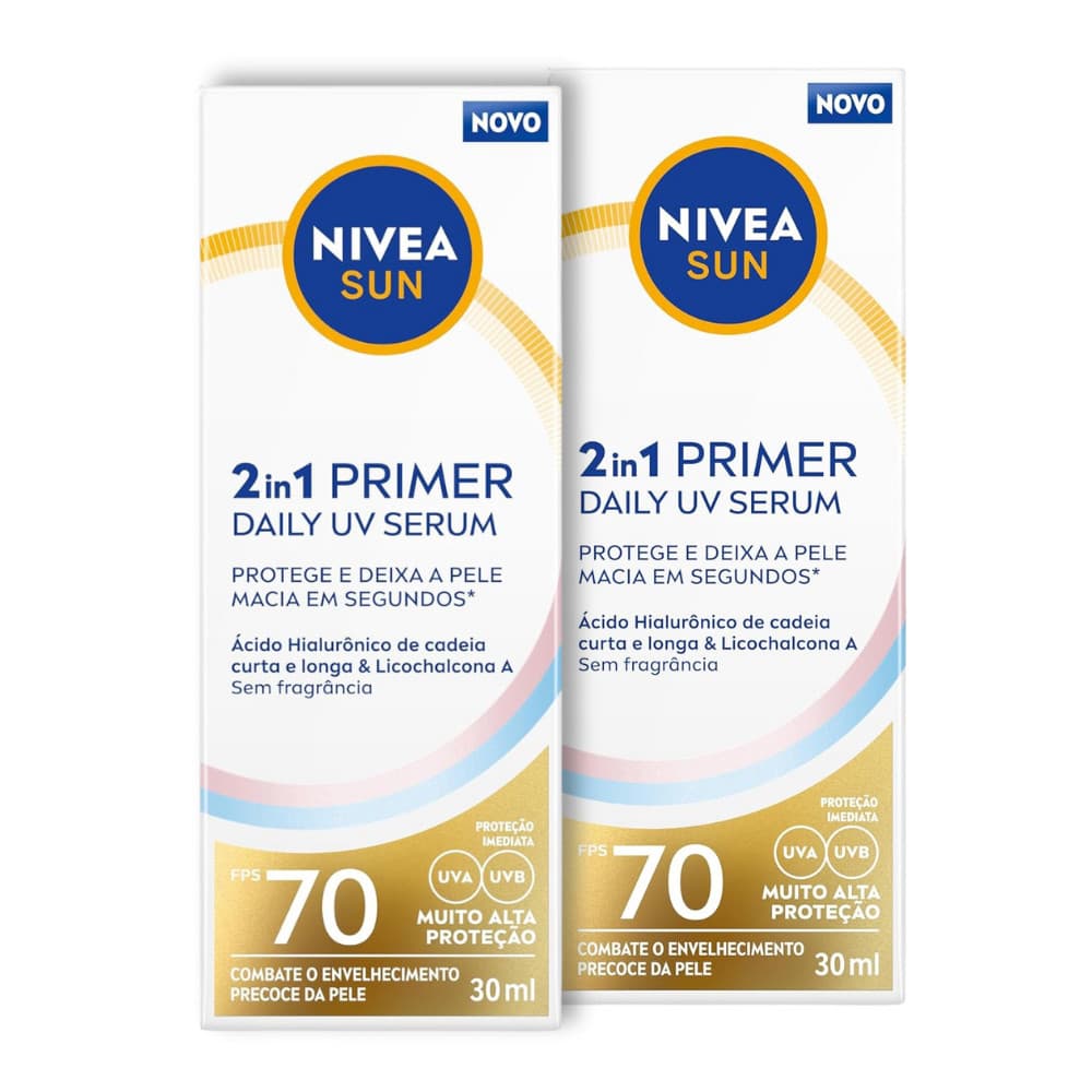 2 Uni Protetor Solar Facial Nivea Sun 2 em 1 Primer Daily UV Sérum 30ml