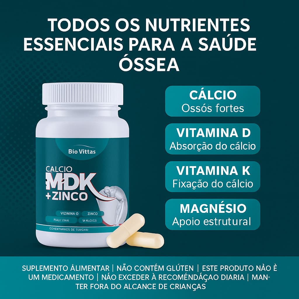 MDK Vitamina D3, Vitamina K2, Magnésio e Zinco - Cálcio 120 Comp - Bio Vittas