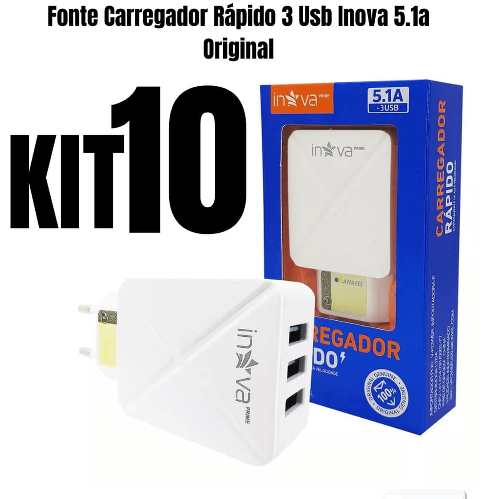 Kit 10 carregadores inova celular 3 entradas usb fonte tomada 5.1a turbo rápida
