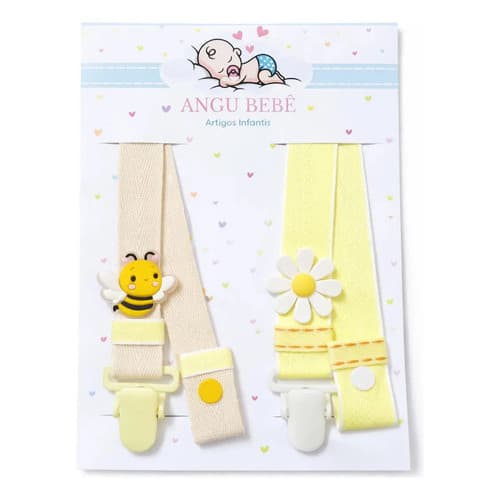 Prendedor De Chupeta Kit 2 Bico Bebê Abelha Flor Acessório Enxoval CLipe Com Trava Bico Angu Bebê