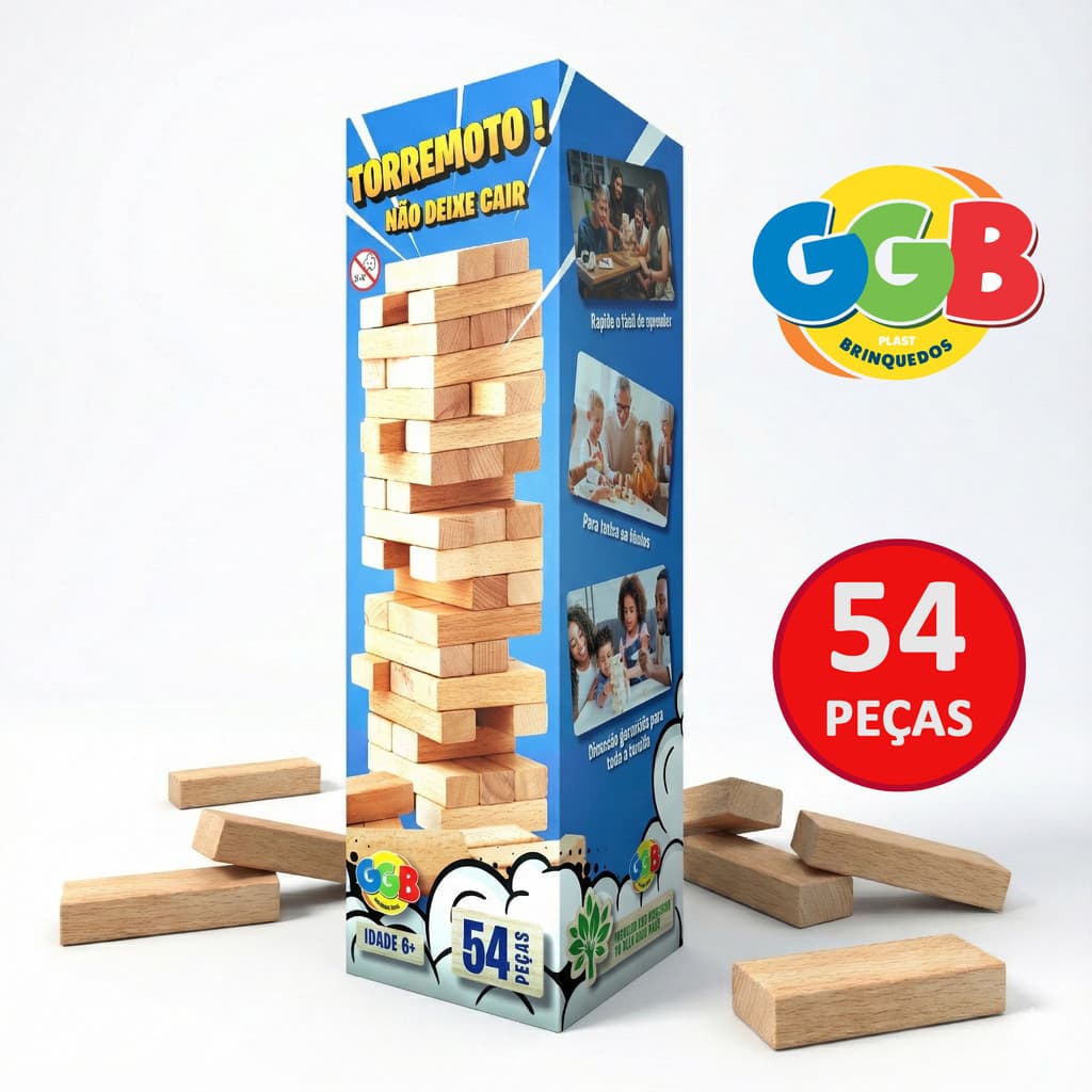 Jogo Caiu Perdeu Torremoto 54 Peças Madeira MDF Jogo de Torre Educativo Família +6 Anos