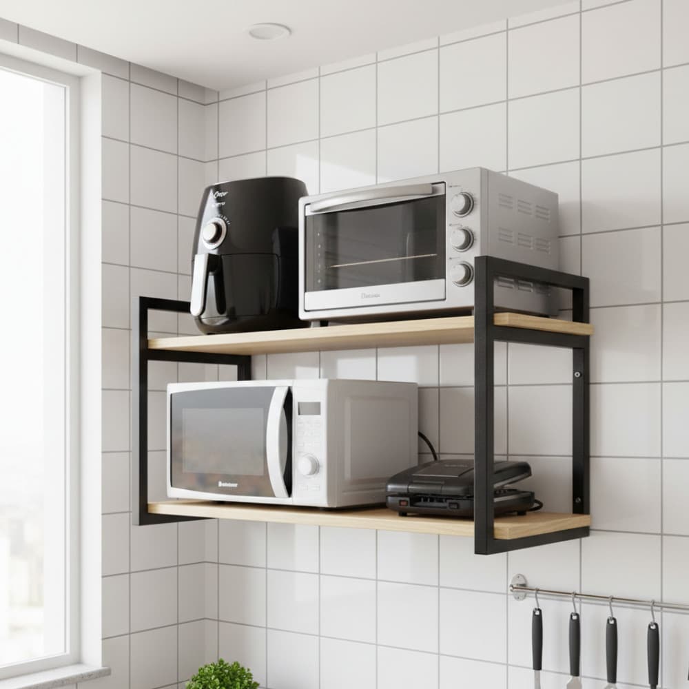 Prateleira de Parede 80cm Suporte Microondas Forno Air frier Nicho Industrial- Metalon Madeira Pinus