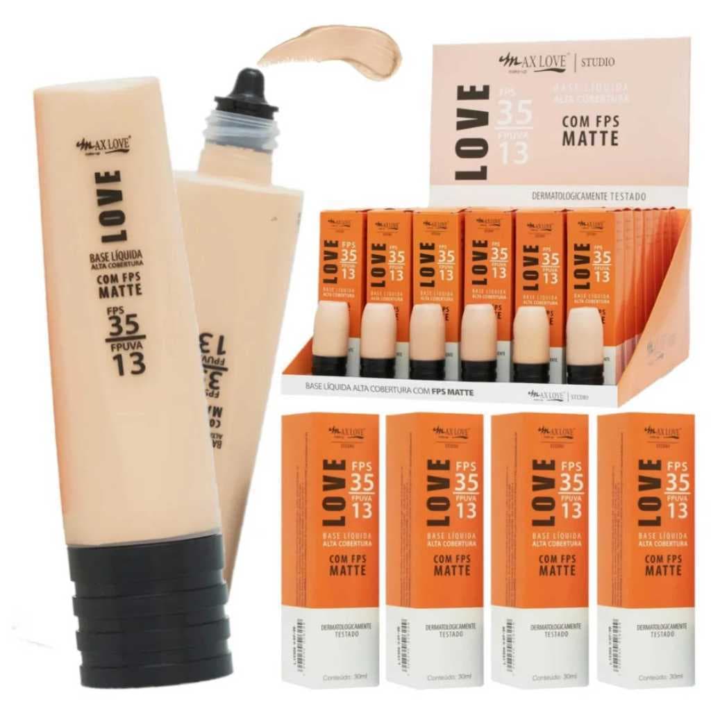 BOX C/ 42 BASE LÍQUIDA MATTE ALTA COBERTURA FPS 35 MAX LOVE — TONS SORTIDAS 56 AO 61