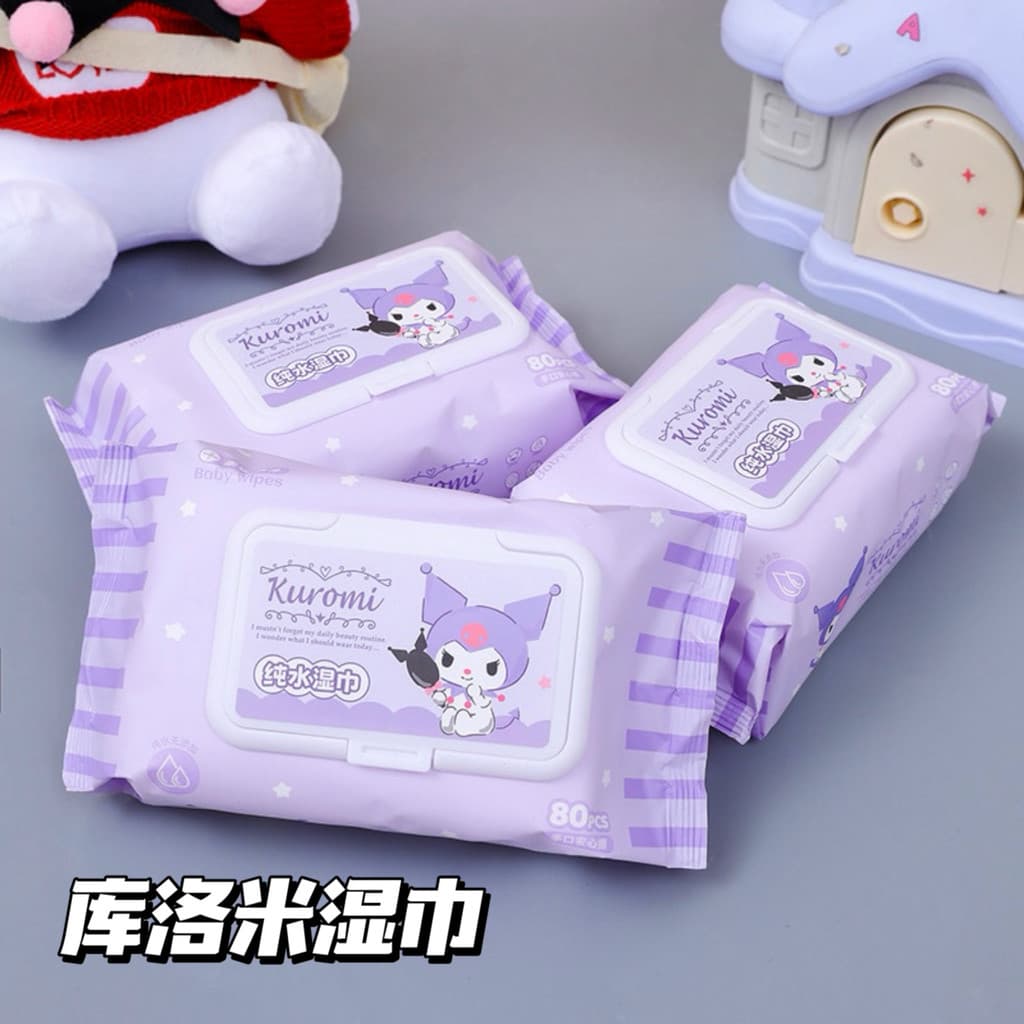 Lenços umedecidos de água pura Sanrio Kuromi genuínos com capa 80 bombas para limpeza de mãos e boca de bebê Lenços umed