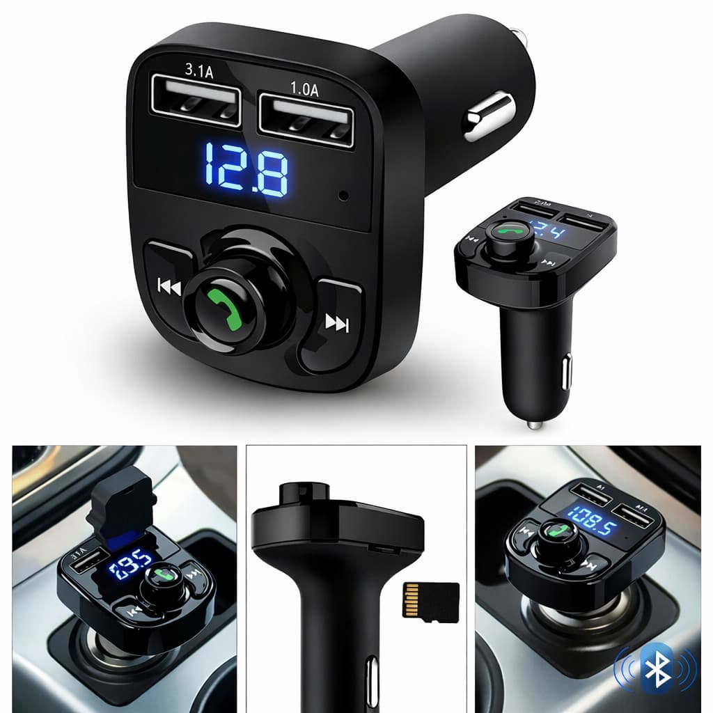 Carregador Veicular Bluetooth com FM Transmissor 2 USB MP3 Viva Voz A2DP e Reconexão Automática