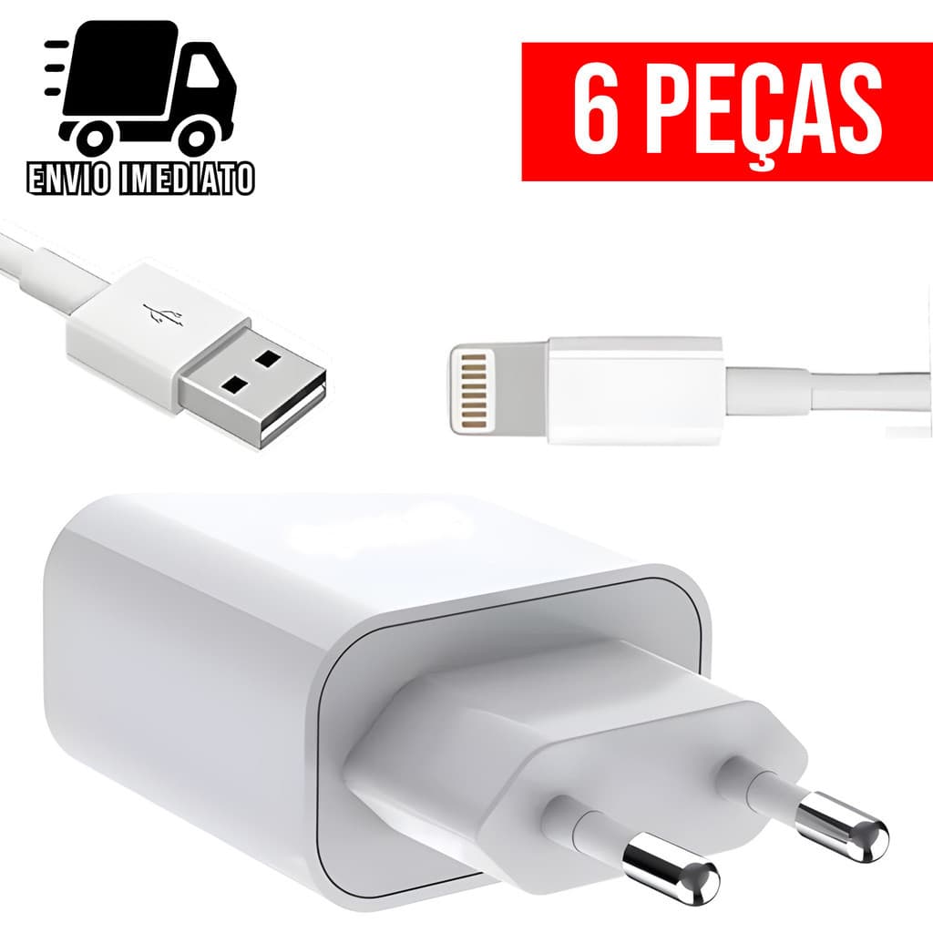 Kit 6 Carregador Rapido Tipo IP USB com Cabo Super Rapido para Iphone 2.4A