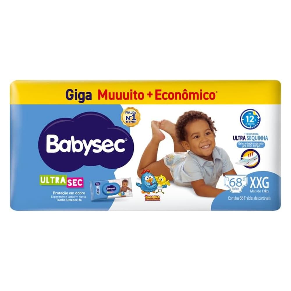 Pack 1x Fralda BabySec Galinha Pintadinha Ultrasec XXG Giga – 68 Unidades - Elásticos suaves