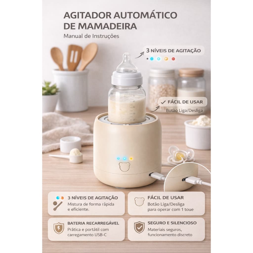 Agitador Elétrico de Mamadeira Silencioso USB Recarregável