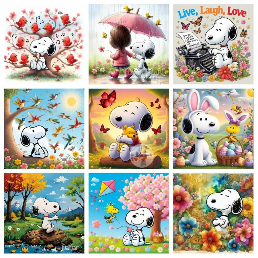 Snoopy Com Pássaros Flores Cenário 5d Pintura Diamante Completa Arte Fantasia Cão Dos Desenhos Animados Ponto Cruz Mosai
