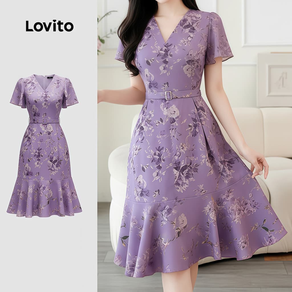 (Elegante) Lovito Vestido Textura Vestido Feminino Roxo Claro Primavera/Verão LK4ED1822
