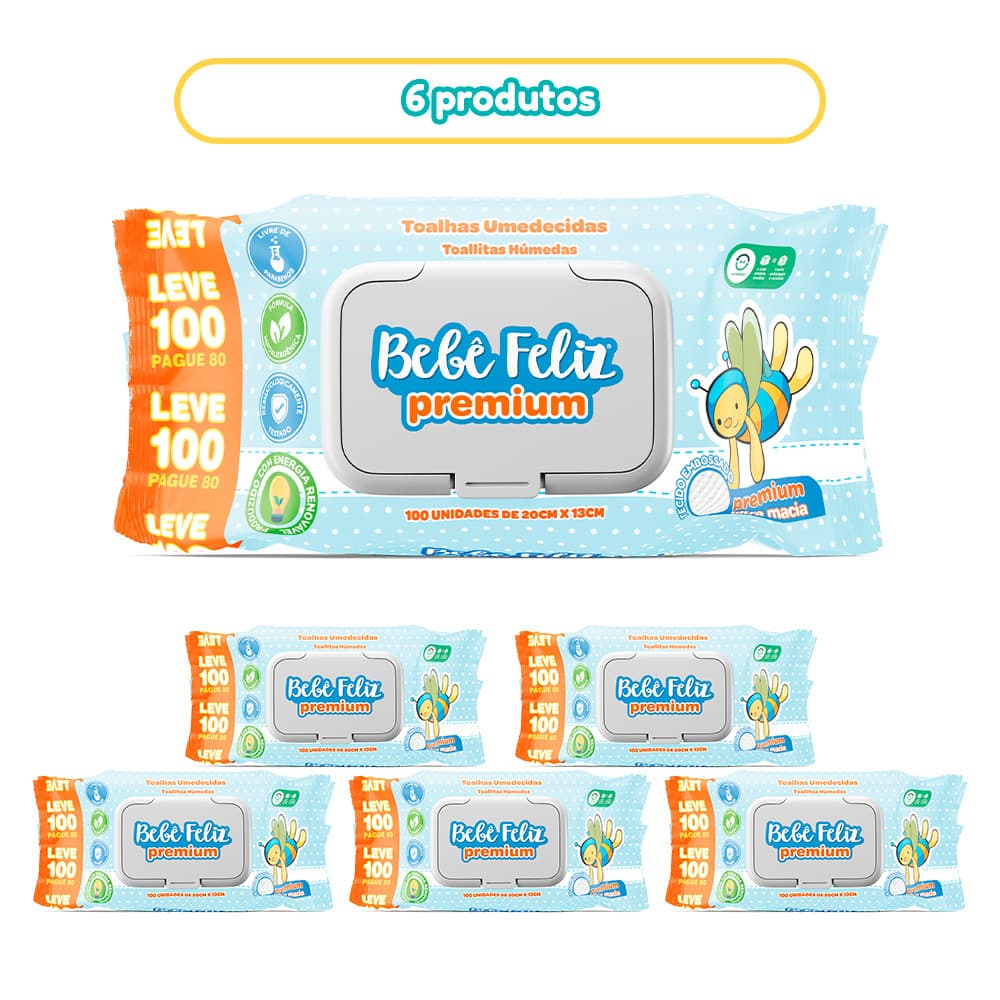 KIT 6 LENÇOS UMEDECIDO PREMIUM BEBÊ FELIZ 300 FOLHAS 