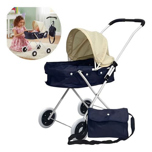 Carrinho De Boneca Infantil Resistente Com Bolsa Azul