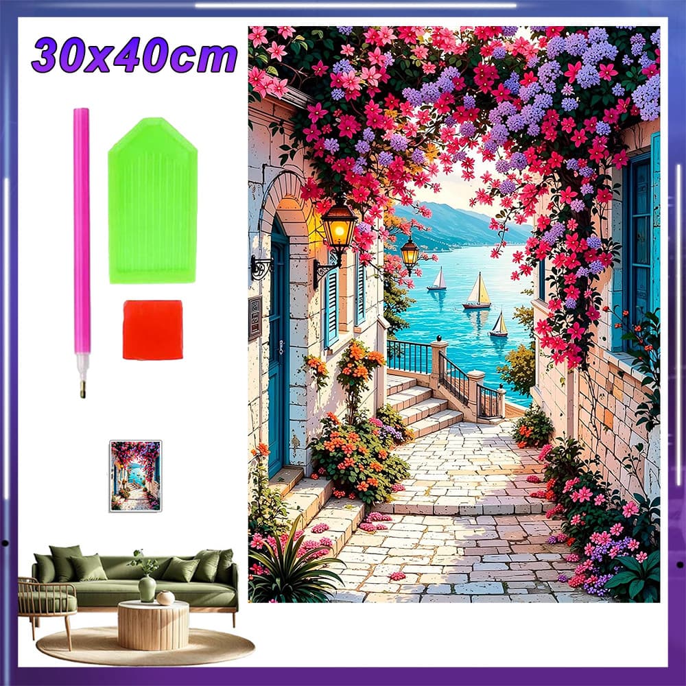Kit Completo de Arte com Diamantes 5D 30x40cm, Pintura Quadrada Decorativa para Presentear,Flores à beira-mar