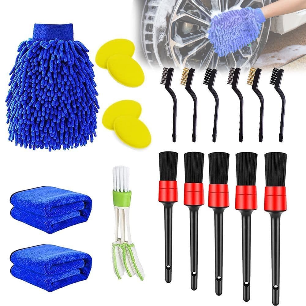 Kit 20 Peças Lavagem Carro Escovas Detalhe Luva Microfibra Esponjas Limpeza