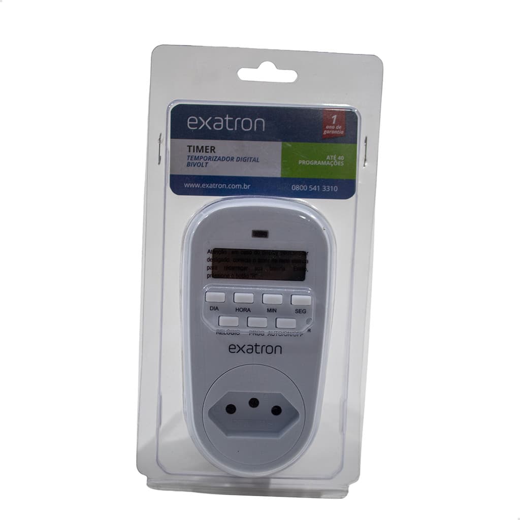 Temporizador Digital Timer Bivolt Exatron 18 Programações Ajuste em Segundos DIN