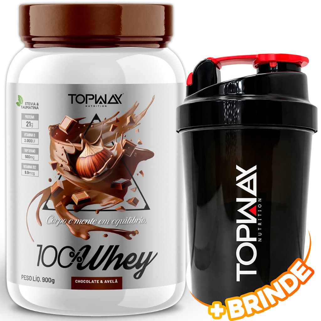 TopWay Suplemento Alimentar Whey Protein 900g Sabor Chocolate Com Avela Concentrado + Coqueteleira