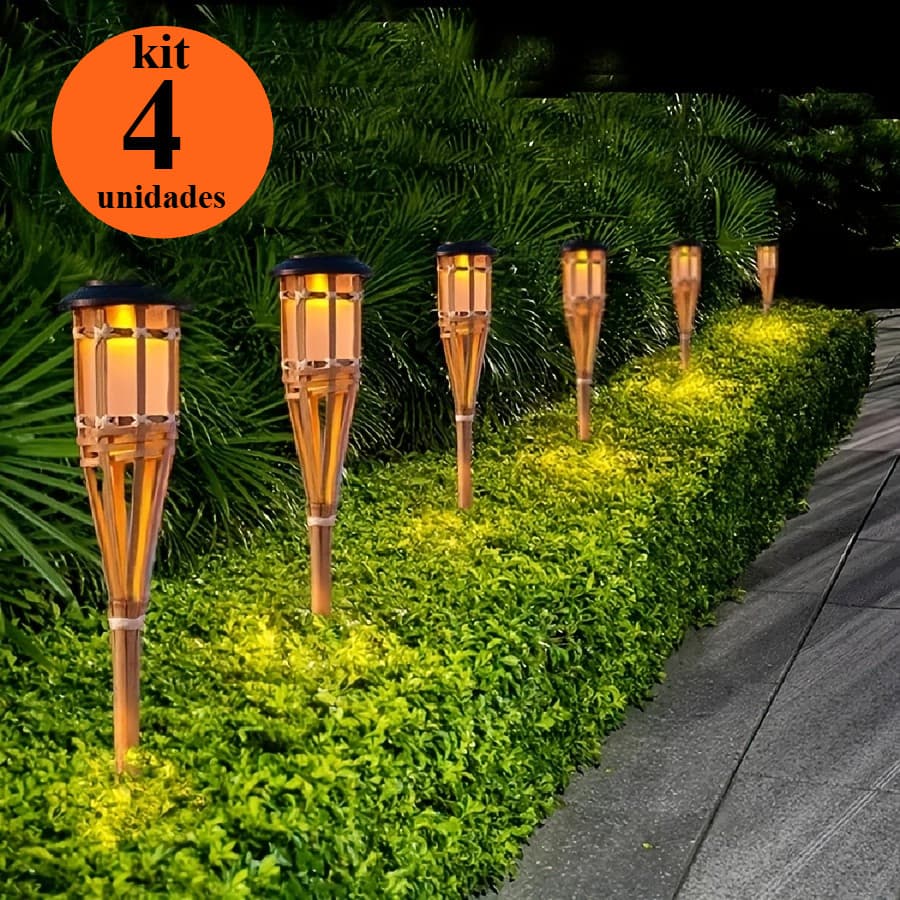 Luminária Solar LED Chama em Bambu 12 LEDs | Jardim, Quintal E Caminhos