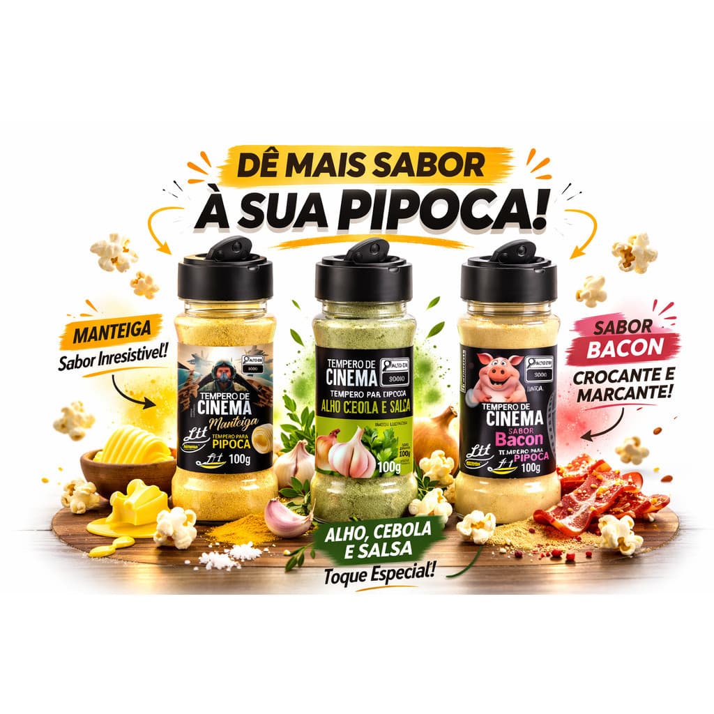 Kit 3 Tempero Para Pipoca Manteiga,Bacon e Alho Cebola Salsa