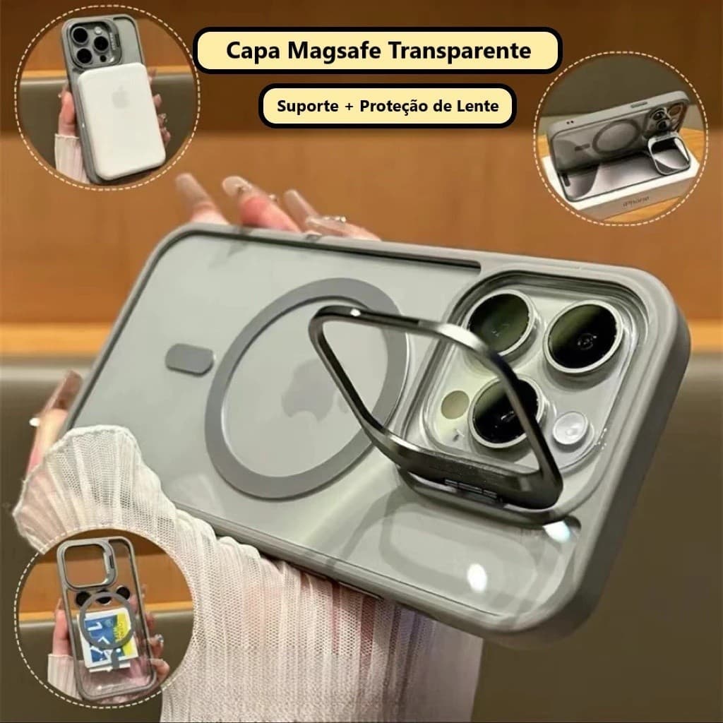 Capa Translúcida Magnética com Suporte de Lente para iPhone  12 13 14 15 16 17 Pro Max