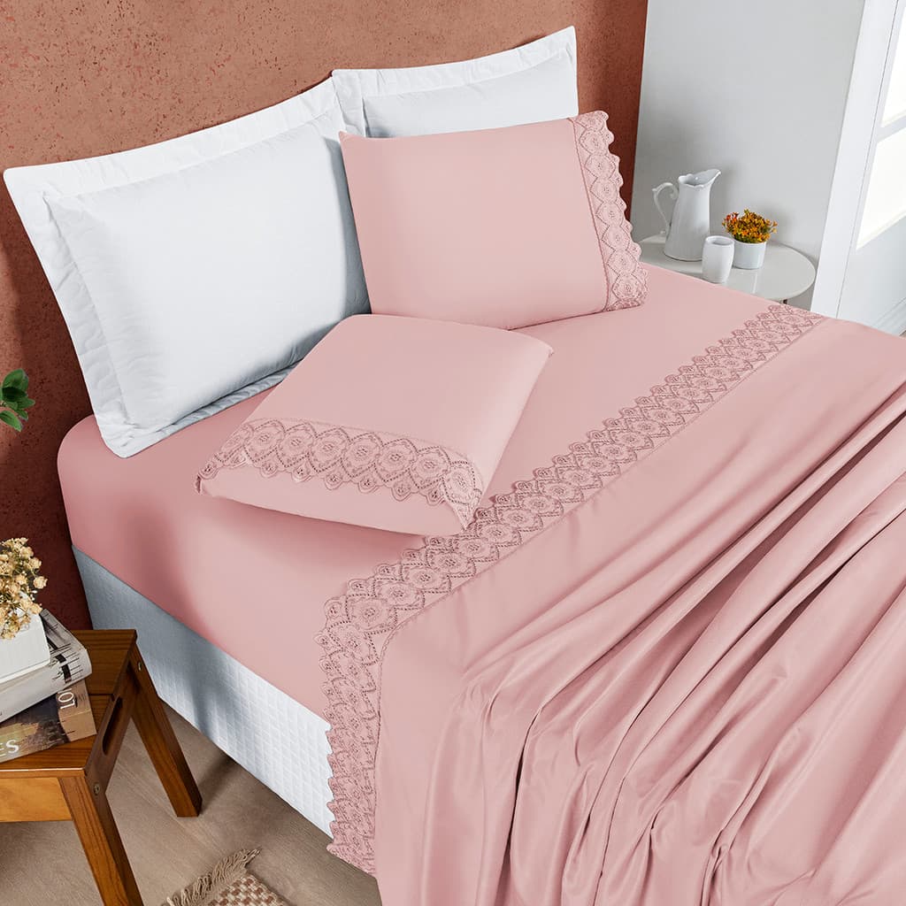 Jogo De Cama Casal Nobless 4 Peças Bordado Inglês Micropercal 200 Fios Macio Confortável Elegante Enxoval Cama Premium