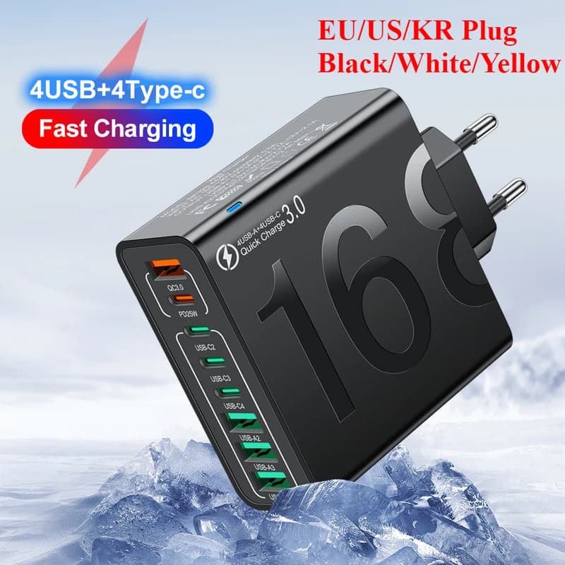 Carregador Multiportas USB C 8 Portas De Alta Velocidade Tipo Adaptador De Parede Para Celular PD De Carregamento Rápido