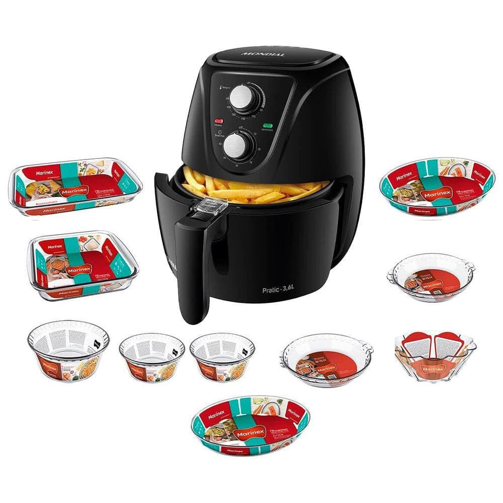 Fritadeira Elétrica Sem Óleo Air Fryer AF36 FB 3,6L 10 Travessas Refratárias Marinex Vidro Mondial