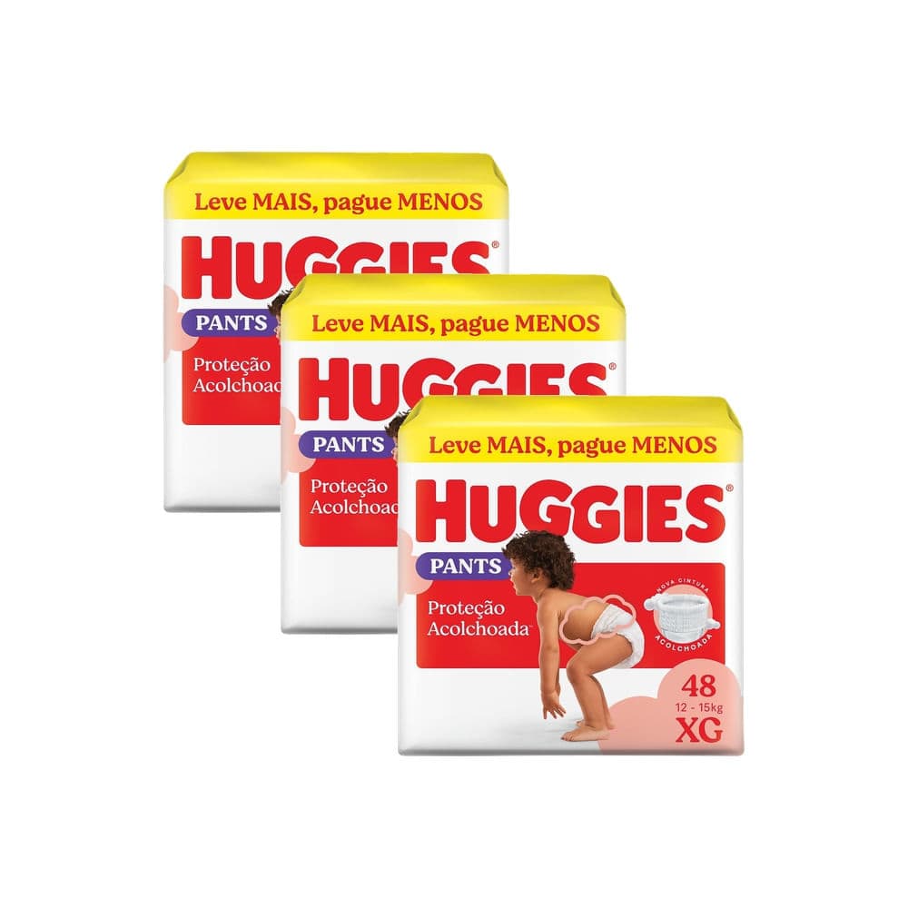 Kit 3 Fralda Huggies Pants Roupinha Proteção Acolchoada Tamanho XG Pacote Hiper 48 Unidades Descartáveis