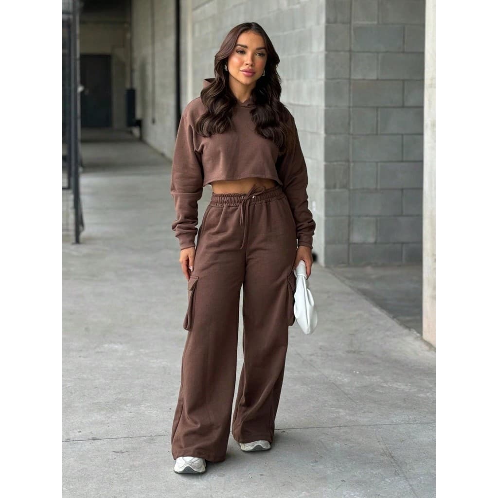 Conjunto Moletom Calça Pantalona Wide Leg Cargo e Cropped Manga Longa Moda Inverno  Simples  Casual