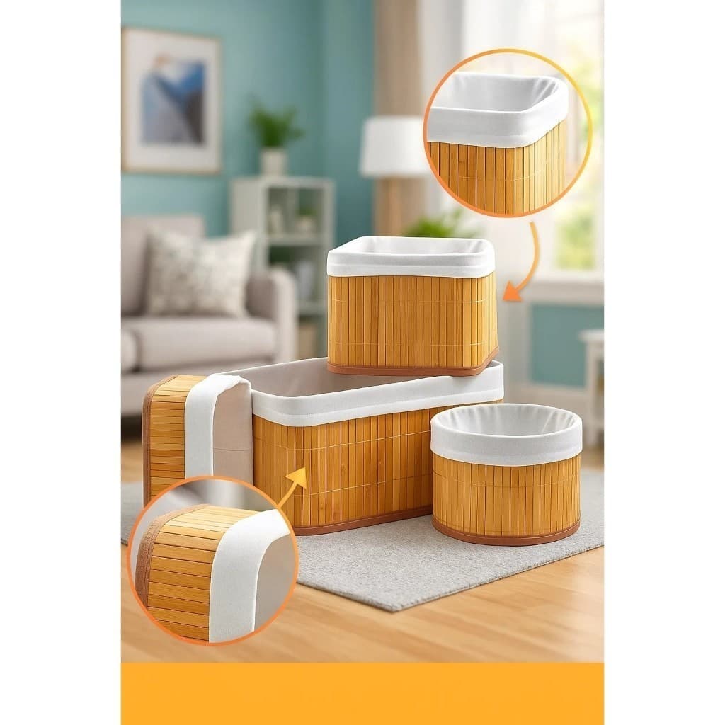 Conjunto 4 Cestos Bambu Natural Organizadores Armazenamento Decor Casa Banheiro Escritório