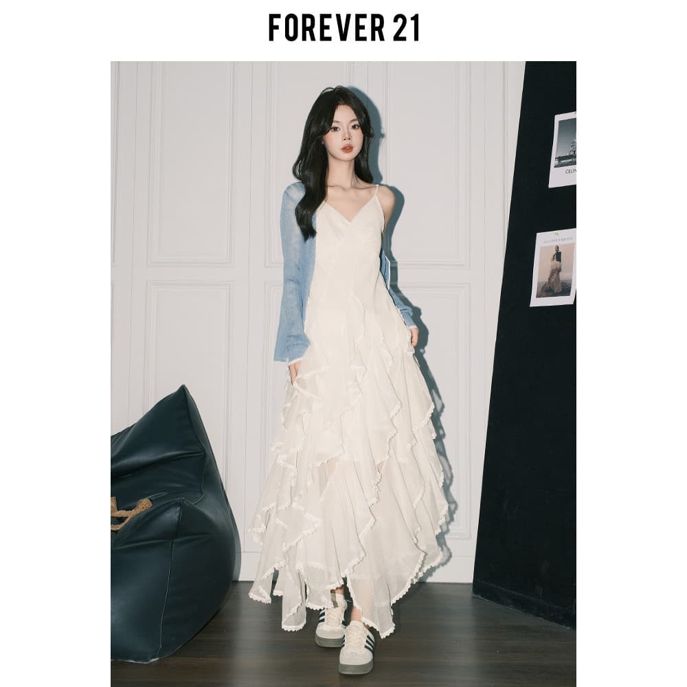 Forever21 francês branco com decote em V vestido estilingue feminino Irregular gaze bolo vestido férias praia vestido lo