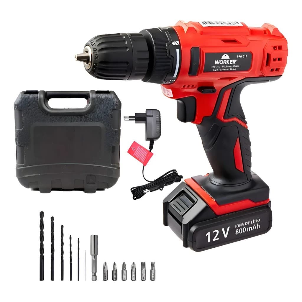 Parafusadeira Furadeira Bateria 12v C/ 13 Acess. Worker 