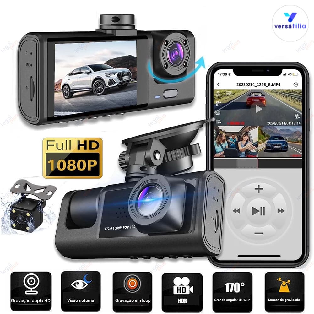 Sistema de Gravação Tripla para Carro com Wi-Fi - Câmeras Dianteira, Traseira e Interna em Full HD  Armaz 64GB