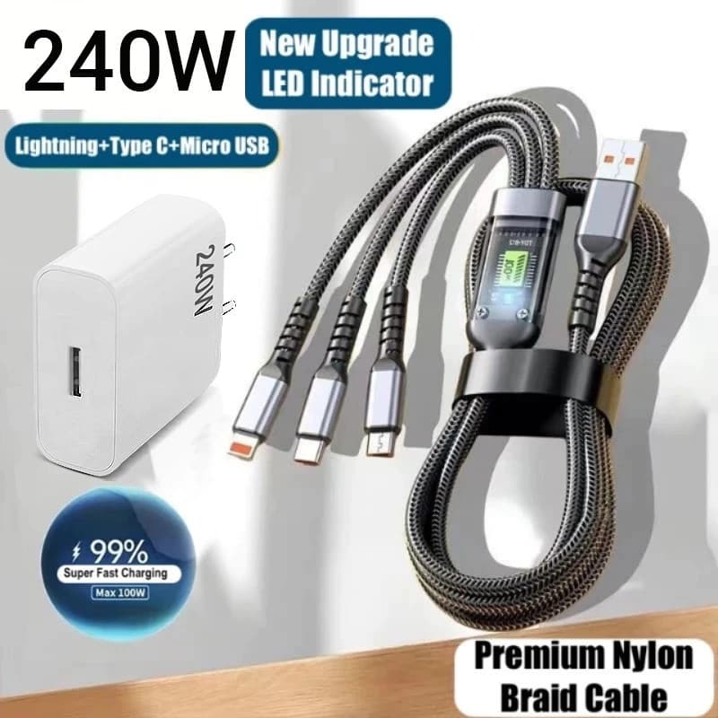 3 Em 1 Cabo Trançado Carregador Super Rápido 240W Adaptador USB Para Android Tipo C Adaptadores Micro IOS CV06