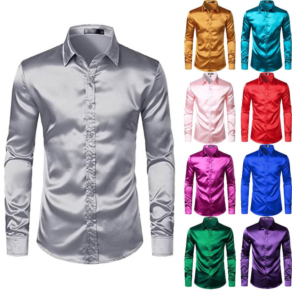 Camisa Social Masculina de Cetim Brilhante de Luxo, Manga Longa, Cor Sólida, Alta Qualidade, Corte Slim, Para Casamento,
