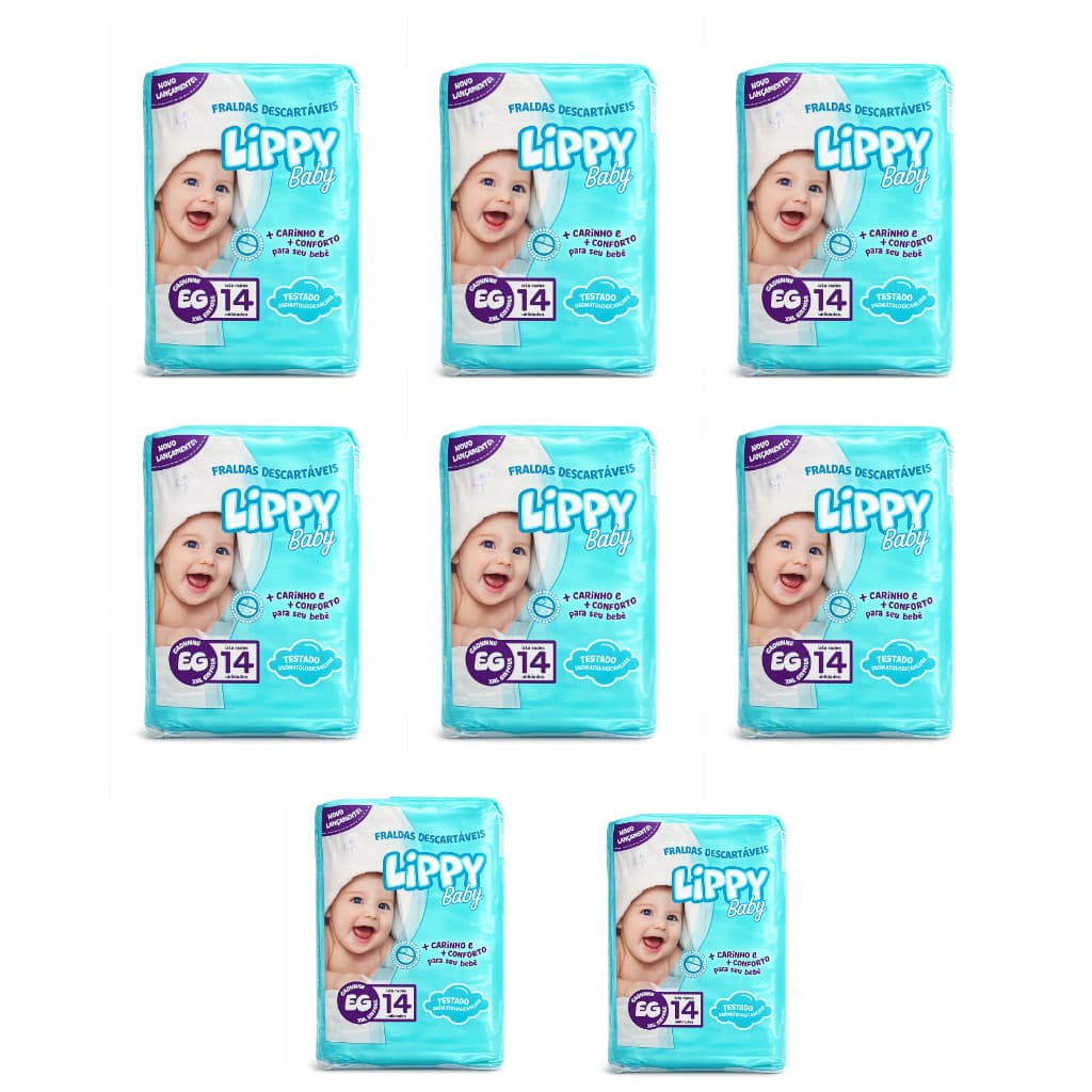 KIT 8 PACOTES FRALDAS INFANTIS COM 14 TIRAS LIPPY BABY - EG - TOTAL 112 FRALDAS