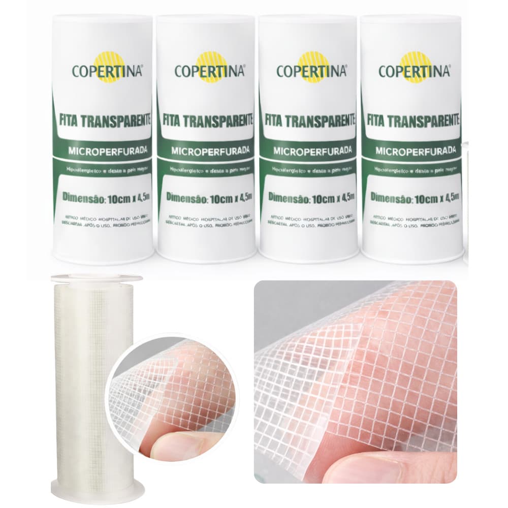 Kit 04 Esparadrapo Cirúrgico Fita Transparente Microperfurado 10cm x 4,5m Transpore