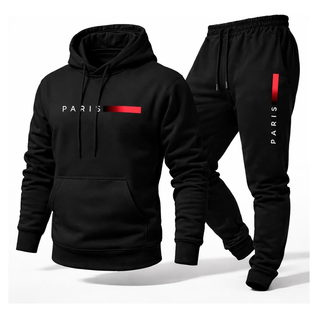 Conjunto Moletom Unissex Canguru com Capuz e Calça Jogger Estampado Paris Inverno Casual