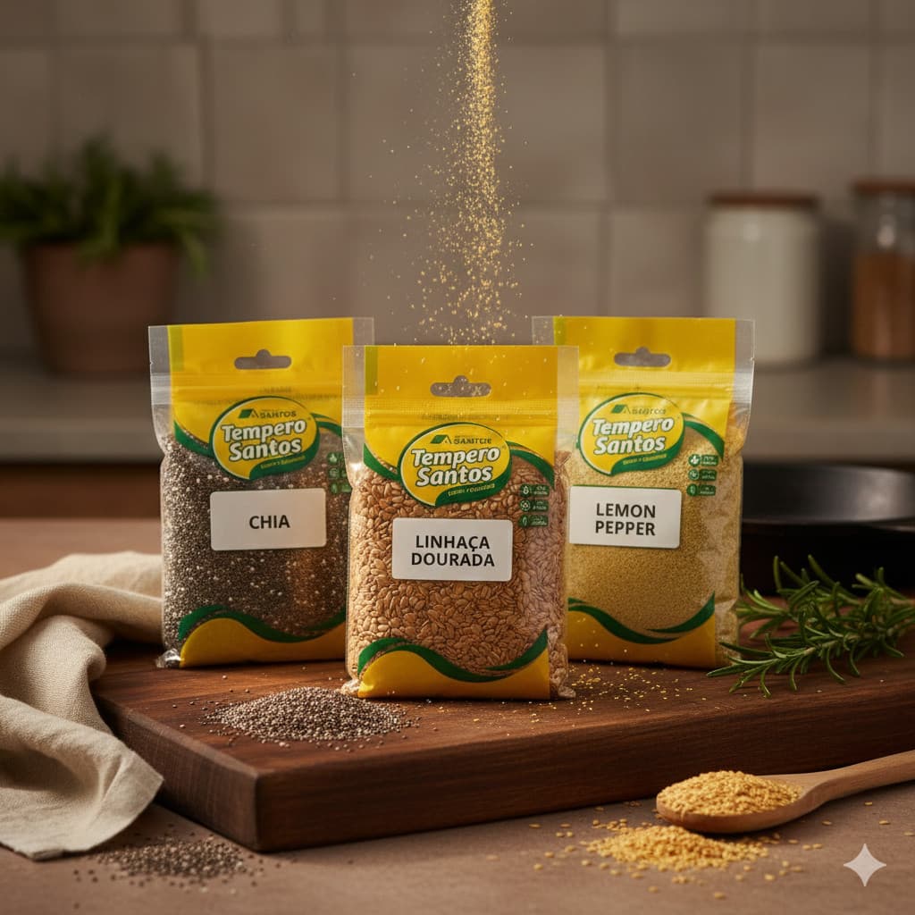 Kit Temperos Fitness 3 Itens - Chia 50g / Linhaça Dourada 50g / Lemon Pepper 50g – Tempero Santos