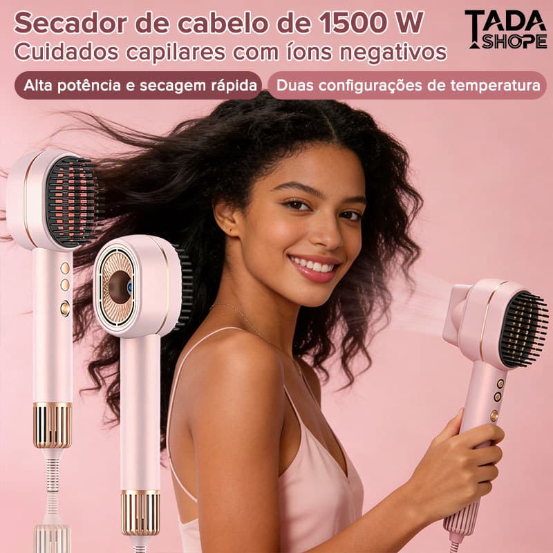Porodo 2 em 1 Secador e Escova Alisadora 1400W Aquecimento Rápido Três Níveis Bico Magnético Estilo Profissional TADA
