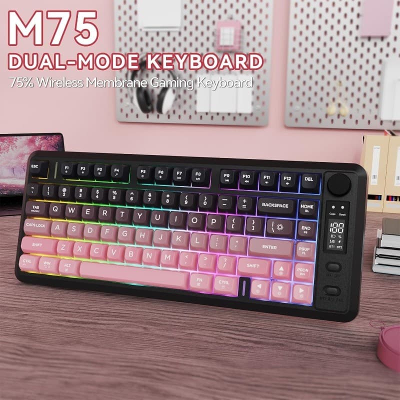 Teclado Para Jogos Sem Fio FREEWOLF M75-Display Inteligente Retroiluminado RGB E Botão Recarregável Bateria De 2000mAh P